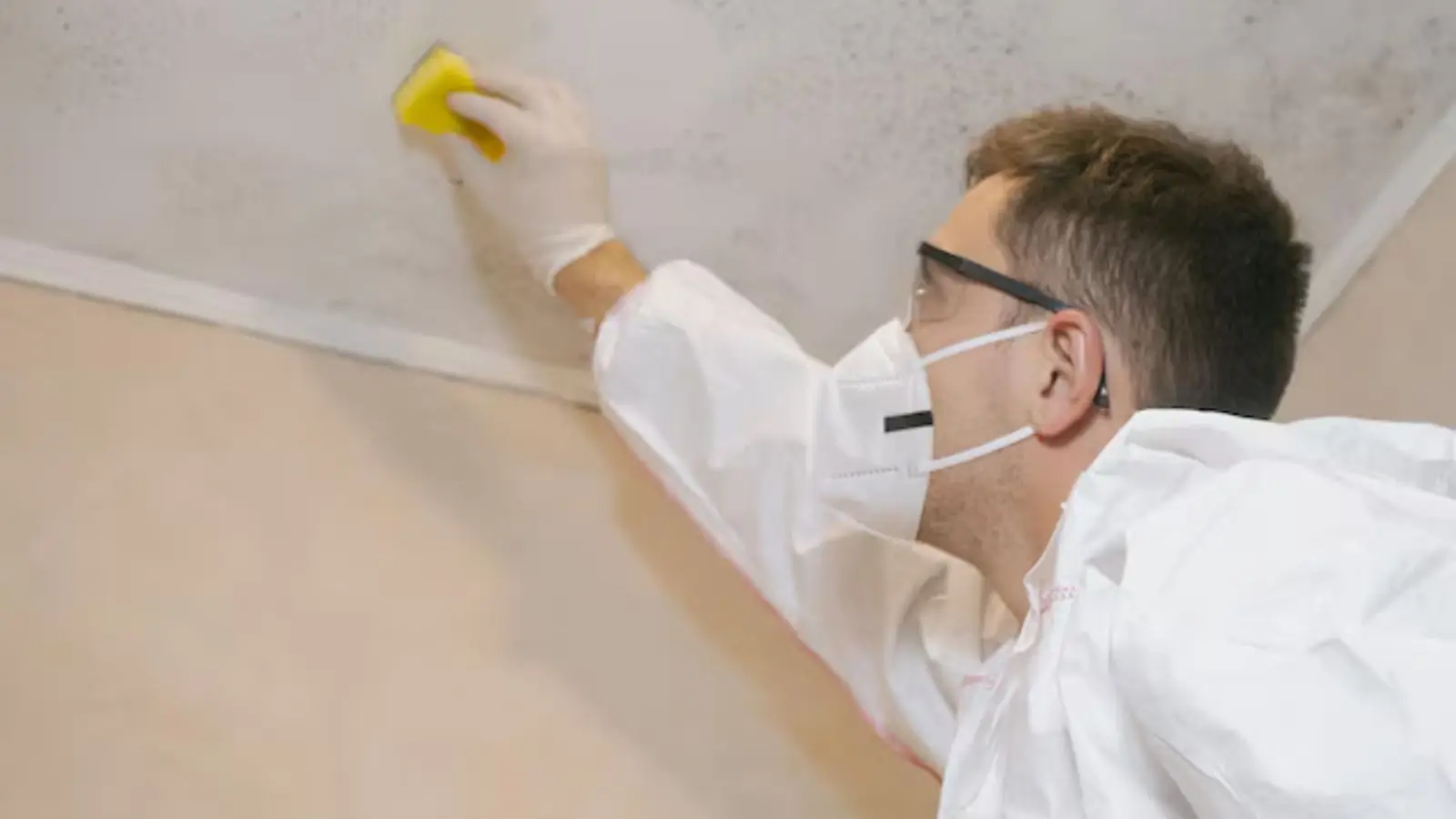 Worker in a mask and protective suit wiping a stained ceiling corner