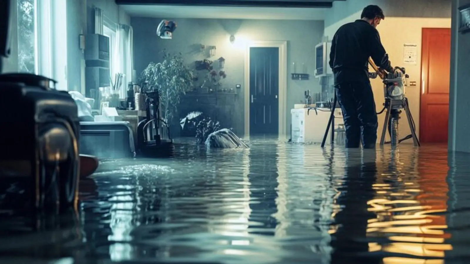 Technician working in a water-damaged room with monitoring equipment on a tripod