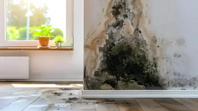 Dark mold growing up a wall corner beside a window in a room