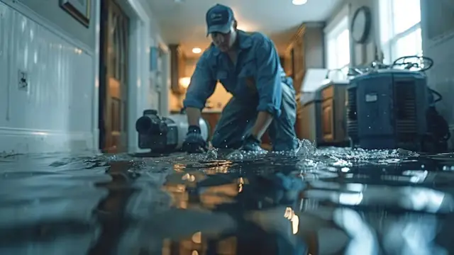 Technician kneeling in shallow water in a kitchen with a pump and drying equipment